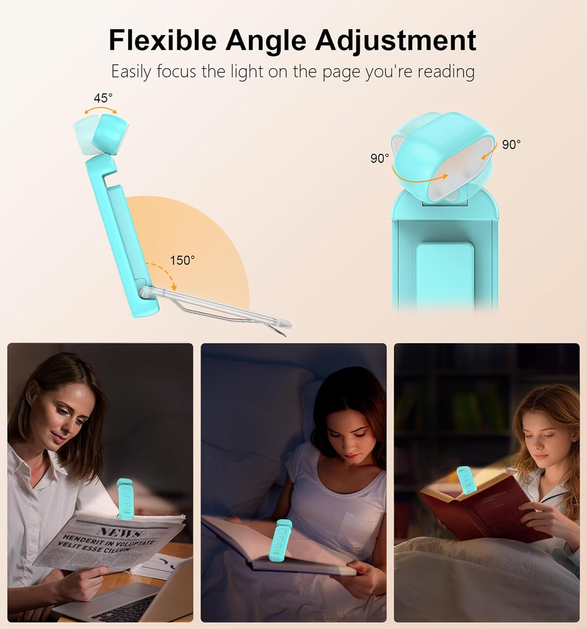 multi-axis flexible head (45° down, 90° left/right) and 150° rotatable clip