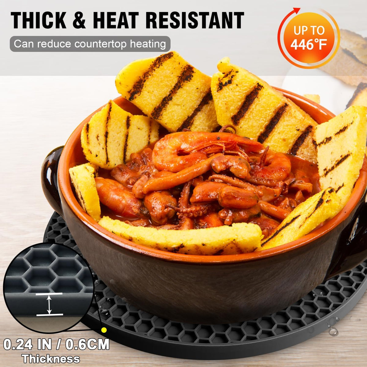 multi-functional design serving as trivet, jar opener, spoon holder, coaster, drying mat, garlic peeler, and microwave splatter mat