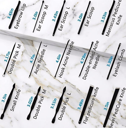 multi-functional tools covering hand care, foot care, and facial care including eyebrow shaping and anti-acne