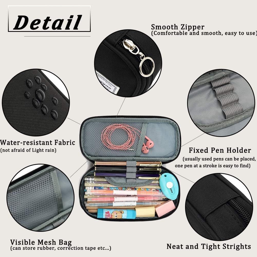 multi-slot interior with a mesh bag for small items like erasers and note paper