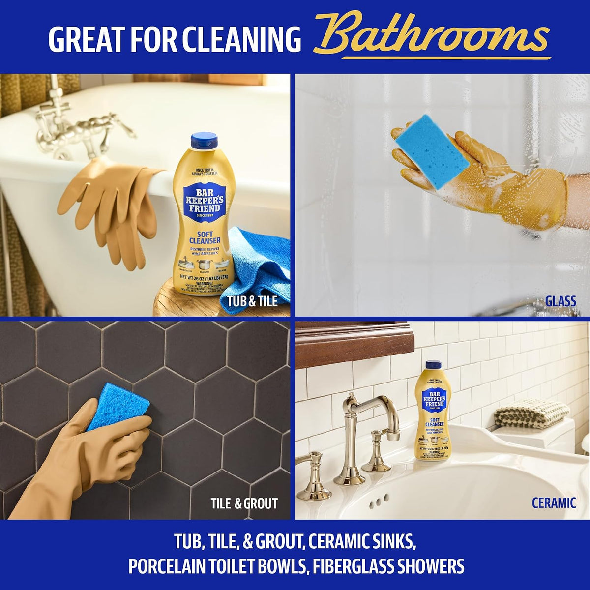 multi-surface compatibility across stainless steel, ceramic, porcelain, copper, brass, aluminum, tile, grout, and glass