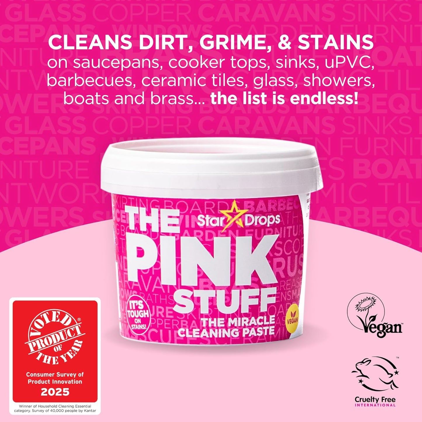 multi-surface formula rated for porcelain, tile, tubs, sinks, showers, drains, and toilets