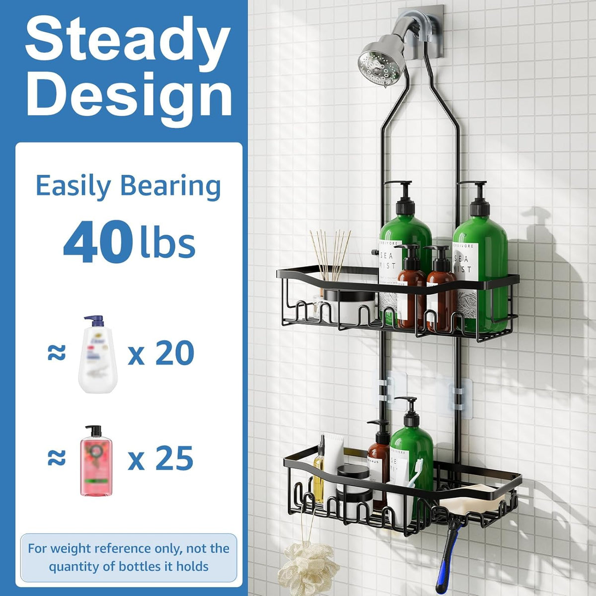 multiple accessory hooks for towels, bath balls, and loofahs