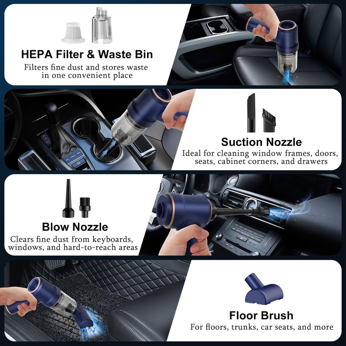 multiple detachable brush heads and nozzles for varied surfaces