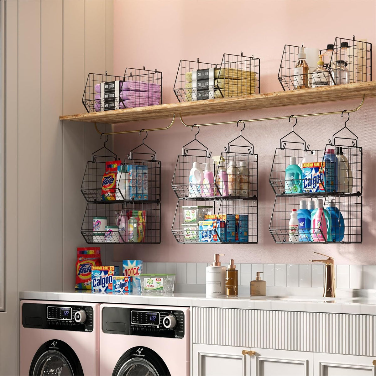 multiple mounting options: rod-hung, wall-mounted (hardware included), or flat surface