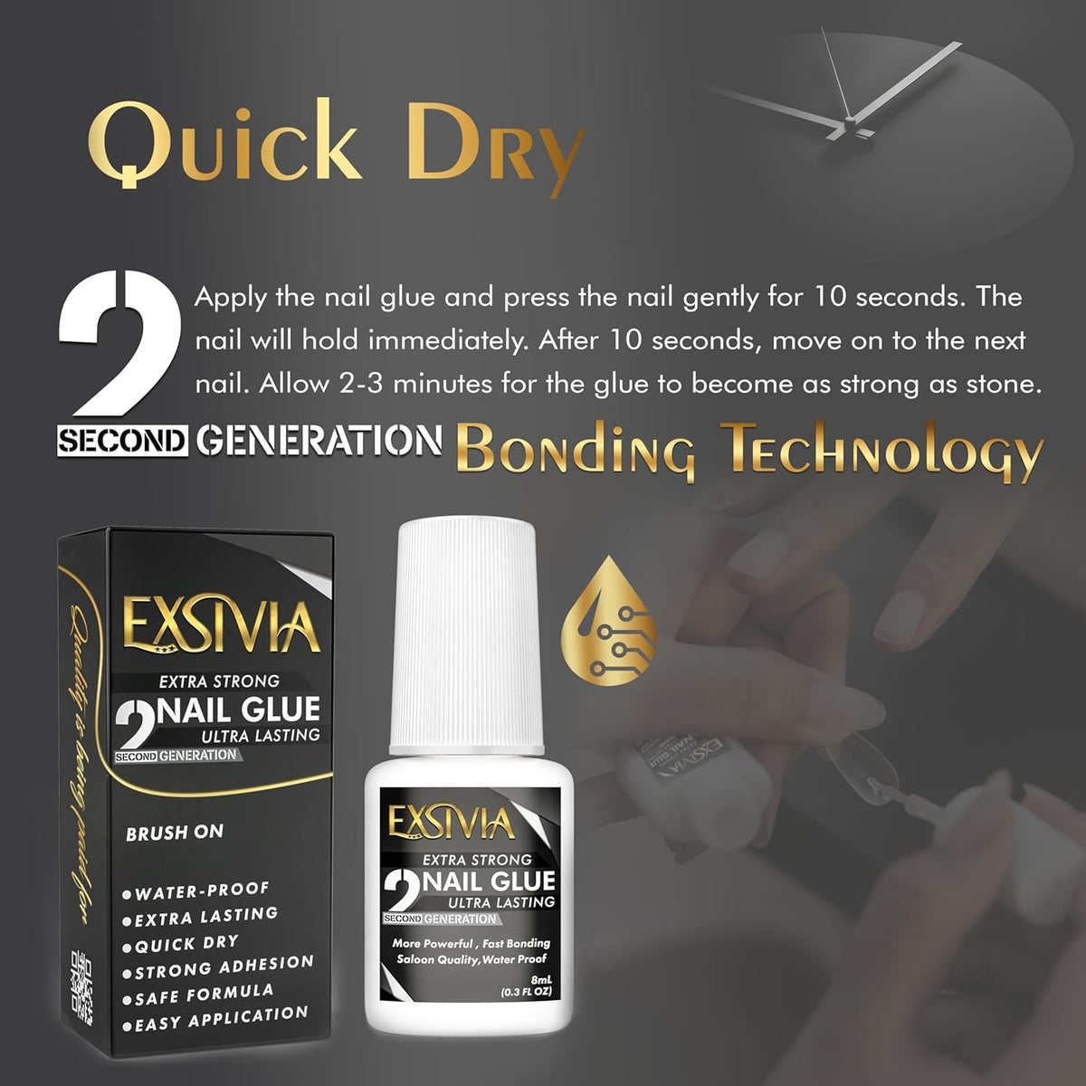 Nail Glue for Press On Nails – Self-Bonding Brush-On Adhesive That Protects Nails from Damage, 10ml