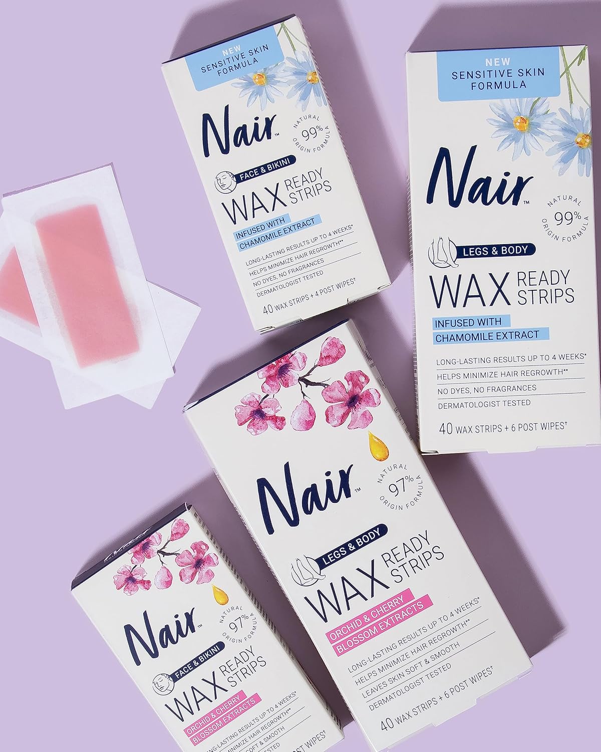 Nair Ready Wax Strips – Calming Chamomile Self-Care Kit for Sensitive Skin, Up to 4 Weeks Smooth