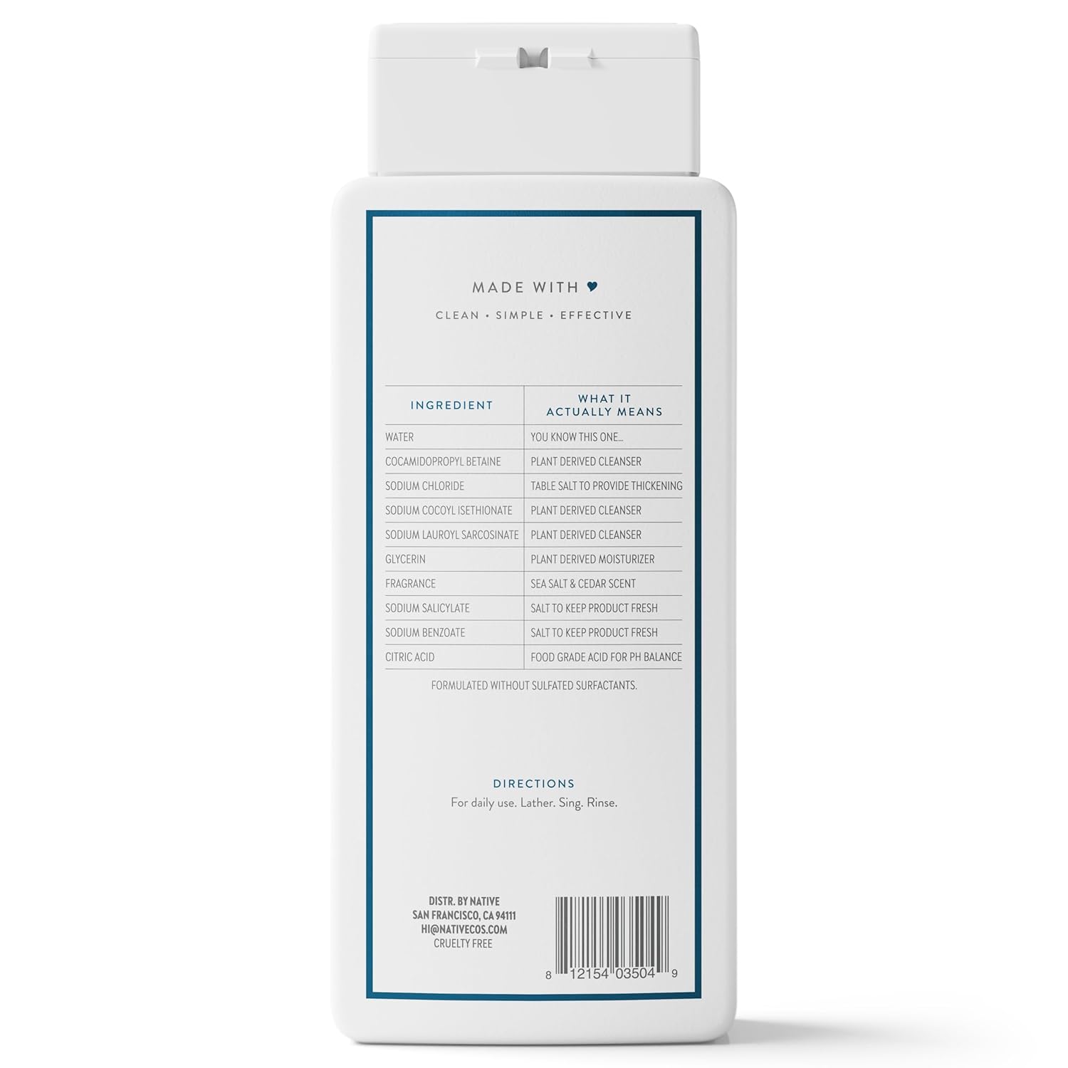 Native Body Wash for Elevated Guest Bath, Award-Winning Plant-Based Hydrating Cleanser in Sea Salt & Cedar