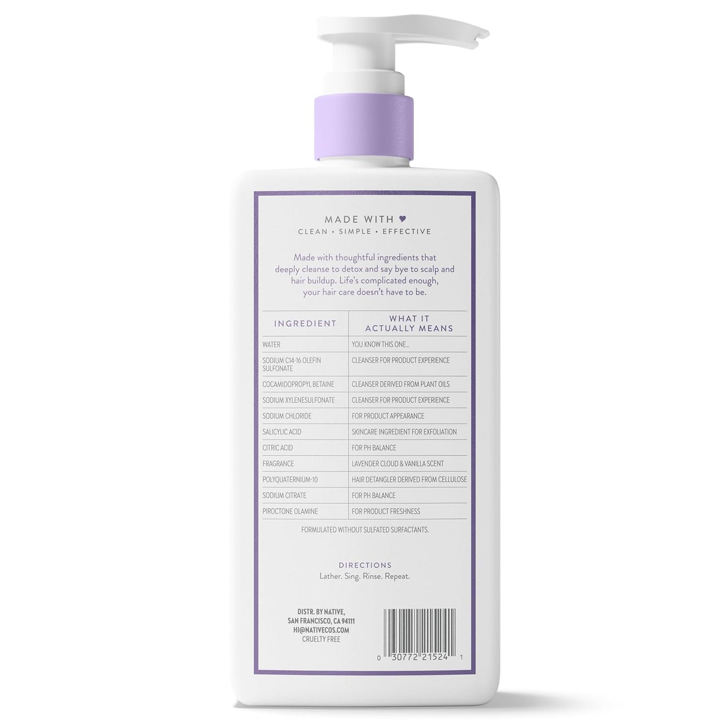 Native Scalp Detox Shampoo Lavender Cloud & Vanilla 16.5 fl oz – 11-Ingredient Clean Formula for Intentional Bathrooms