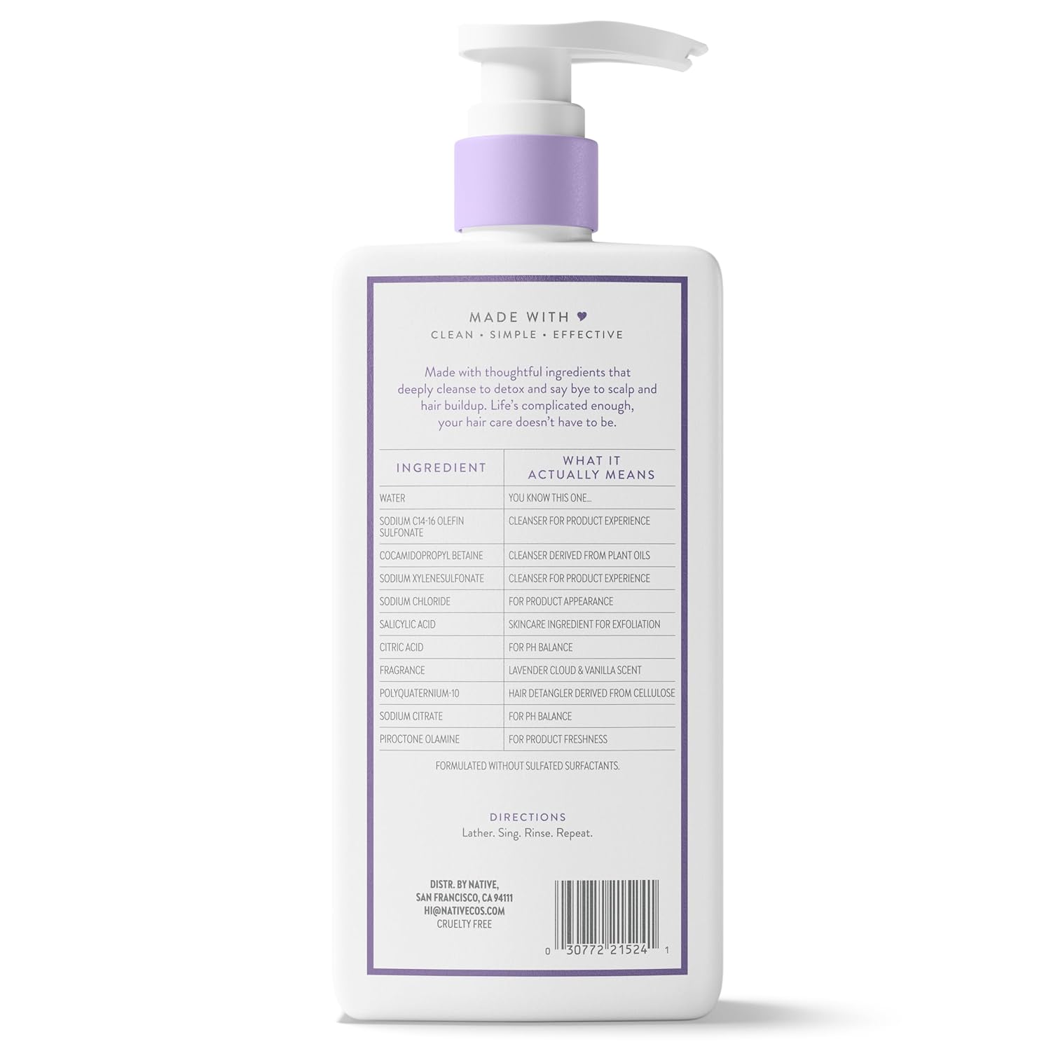 Native Scalp Detox Shampoo Lavender Cloud & Vanilla 16.5 fl oz – 11-Ingredient Clean Formula for Intentional Bathrooms