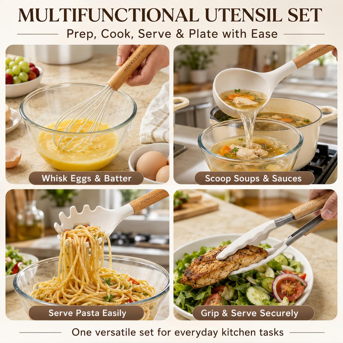natural wooden handles that stay cool and provide a non-slip, burn-protective grip