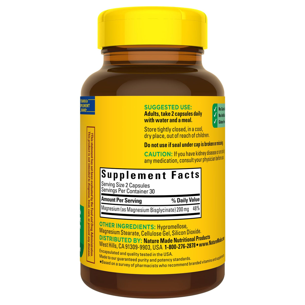Nature Made Magnesium Glycinate 200 mg – Clean Label Supplement Free of Artificial Flavors and Colors, 180 Capsules