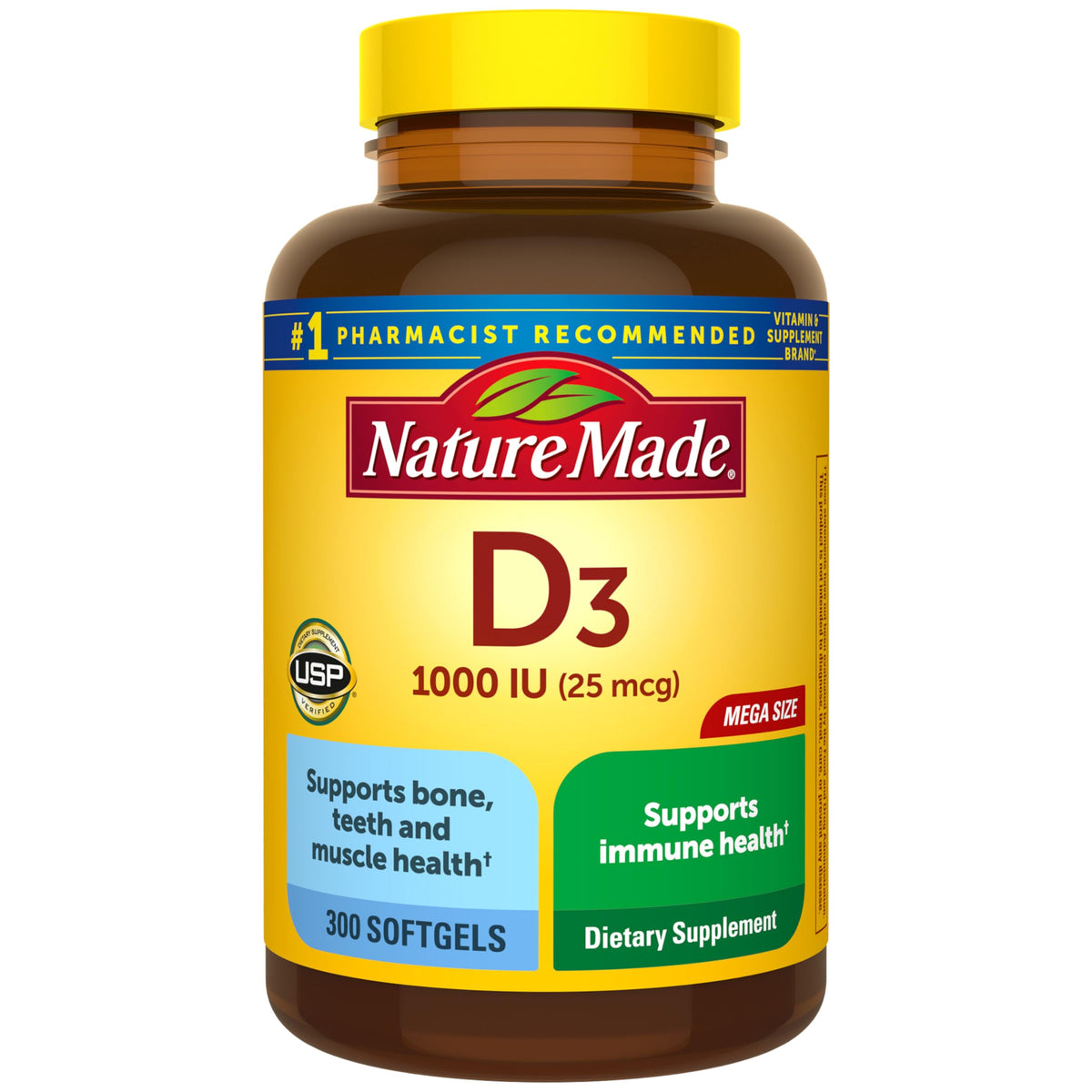 Nature Made Vitamin D3 1000 IU (25 mcg), Vitamin D Supplement for Bone, Teeth, Muscle and Immune Health Support, 300 Softgels, 300 Day Supply