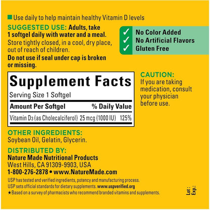 Nature Made Vitamin D3 1000 IU Softgels – Holistic Immune and Bone Support for Winter Wellness Routine, 650 Count