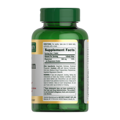 Nature's Bounty Magnesium 500 mg Tablets – Workplace Wellness Supplement for Sustained Energy Metabolism, Travel-Friendly Bottle, 200 Count