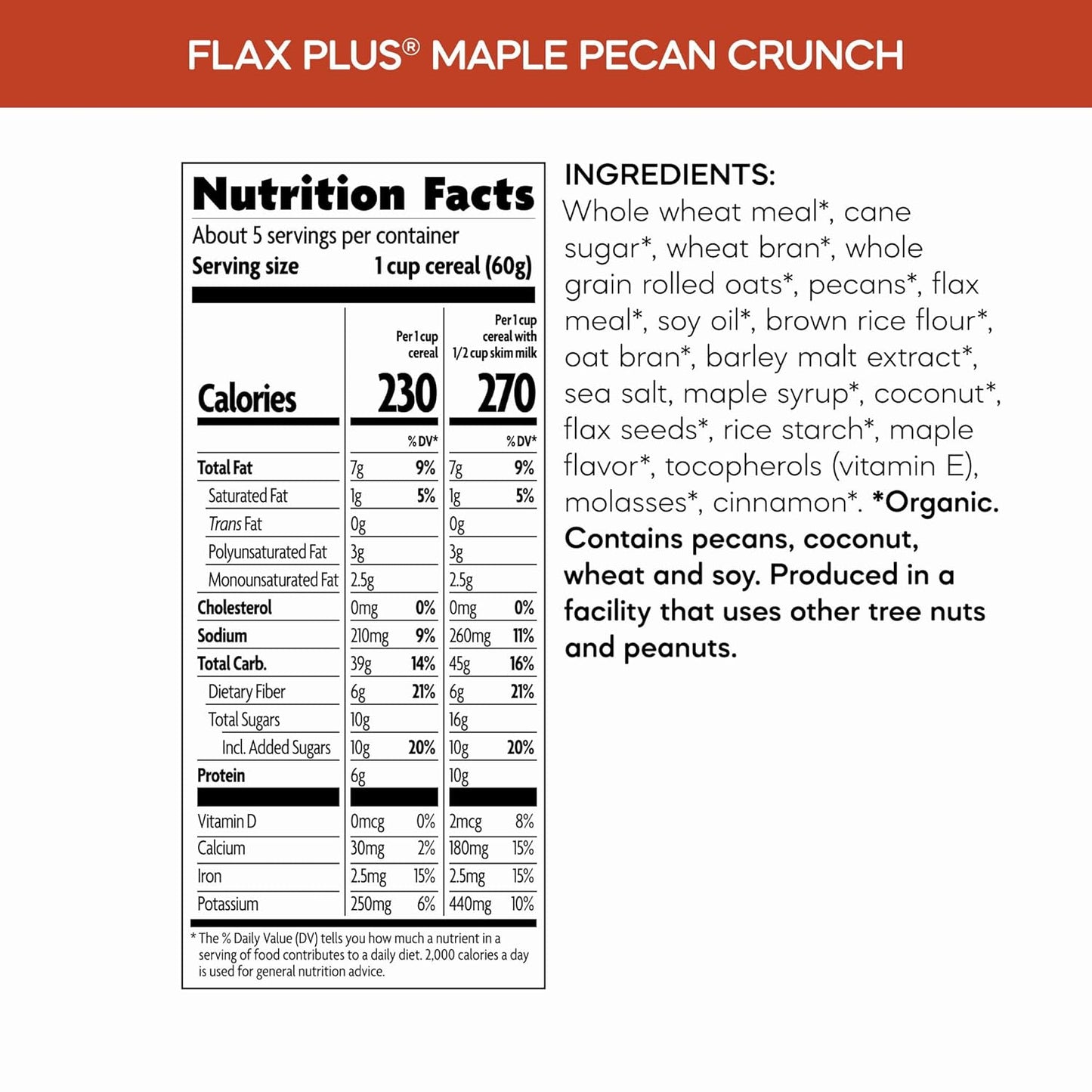 Nature's Path Organic Flax Plus Maple Pecan Crunch Cereal – Resealable Box for Camping Breakfasts and Trail Snacking