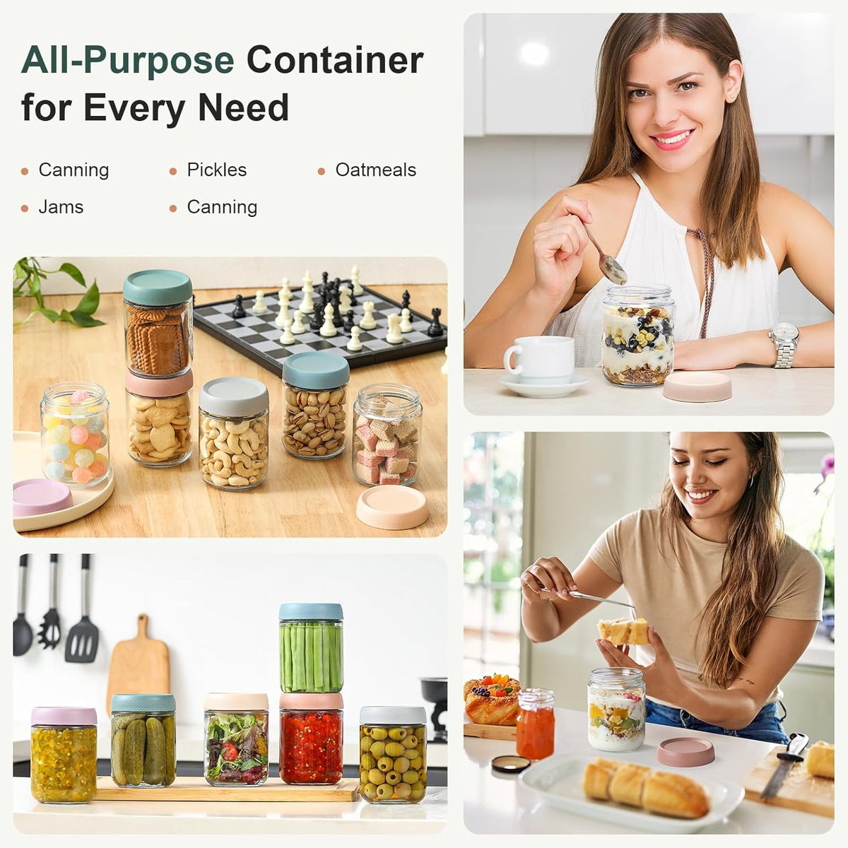 NETANY 24 oz Glass Food Jars with Edge-Guard Lids – Designer Storage Containers for Beautiful Baking Station Setups