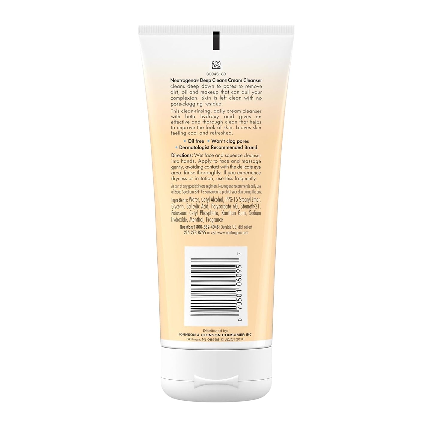 Neutrogena Deep Clean Daily Facial Cream Cleanser with Beta Hydroxy Acid for Gentle Sensitive Skin, Alcohol-Free Dermatologist-Tested Wash, 7 fl. oz