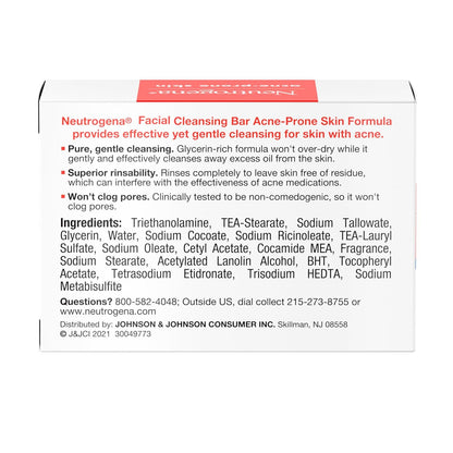 Neutrogena Facial Cleansing Bar for Acne-Prone Skin – Hypoallergenic, Dye-Free Cleanser Safe for Sensitive Skin