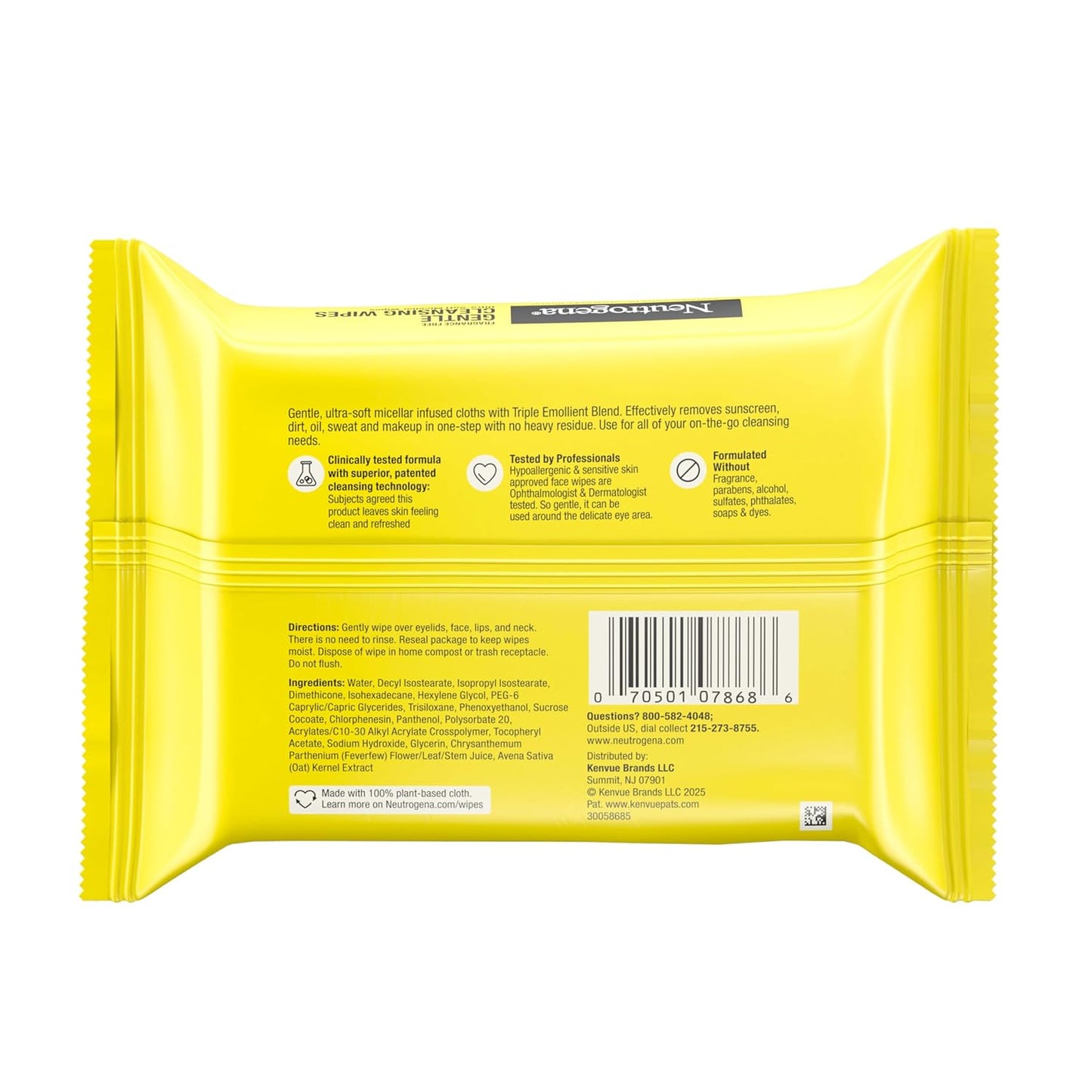 Neutrogena Gentle Facial Cleansing Wipes – Hypoallergenic Self-Care Nightstand Essential, Micellar Makeup Remover for Sensitive Skin