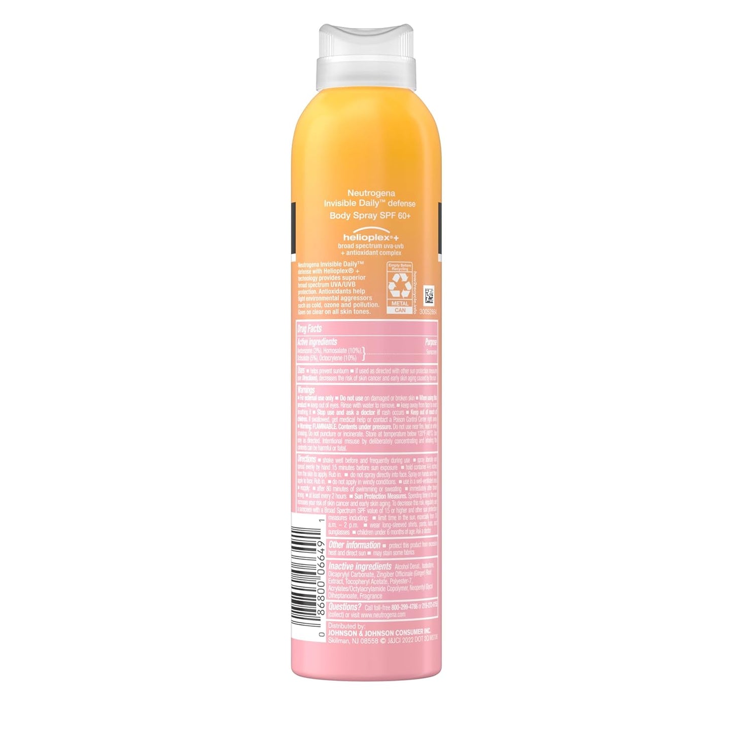 Neutrogena Invisible Daily Defense Body Sunscreen Spray – Oxybenzone-Free SPF 60+ for Sensitive Skin and Reef-Conscious Swimmers