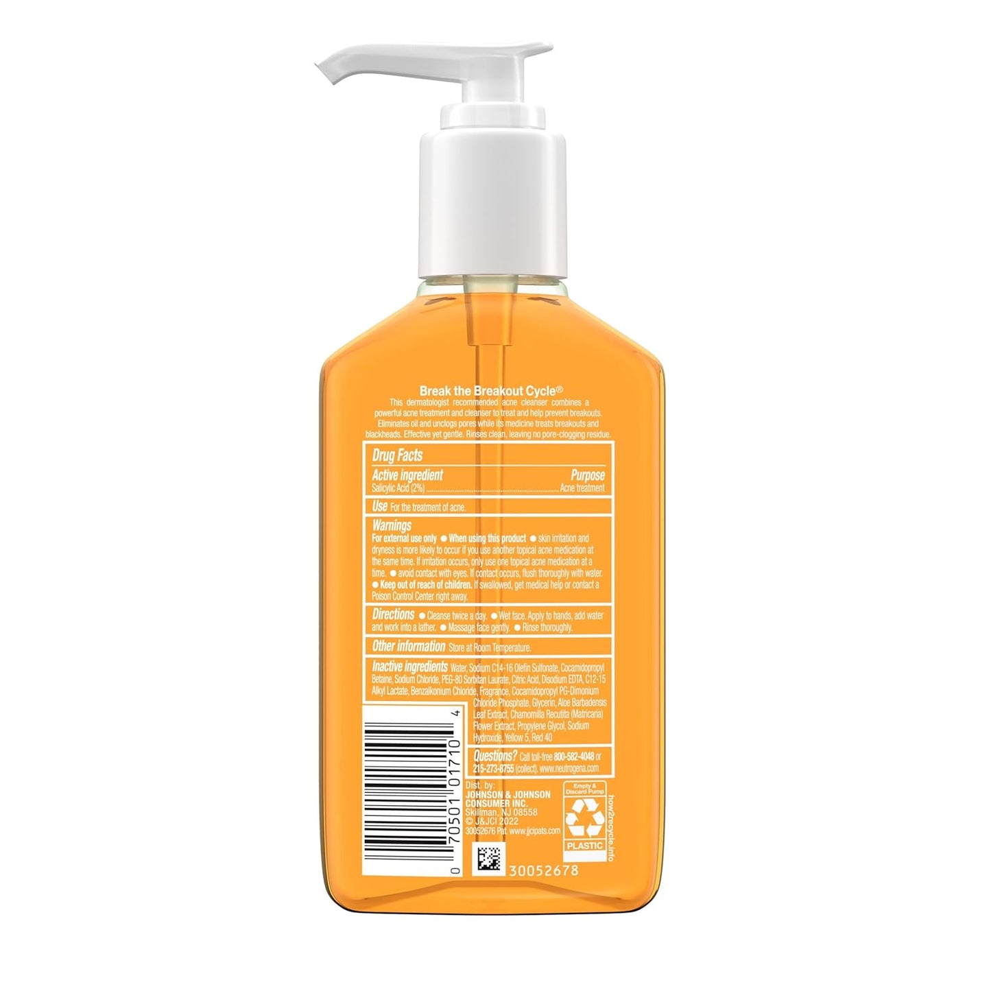 Neutrogena Oil-Free Acne Face Wash – Streamlined Daily Cleanser for Capsule Skincare Routines, 2% Salicylic Acid, 6 fl. oz