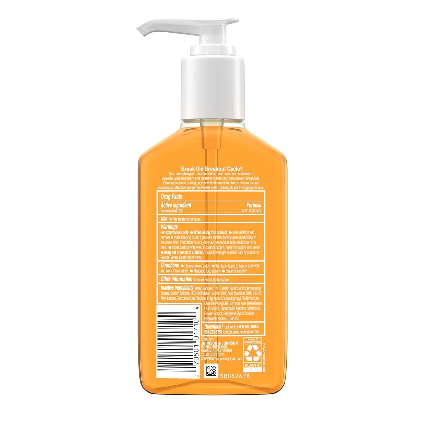 Neutrogena Oil-Free Acne Face Wash – Streamlined Daily Cleanser for Capsule Skincare Routines, 2% Salicylic Acid, 6 fl. oz