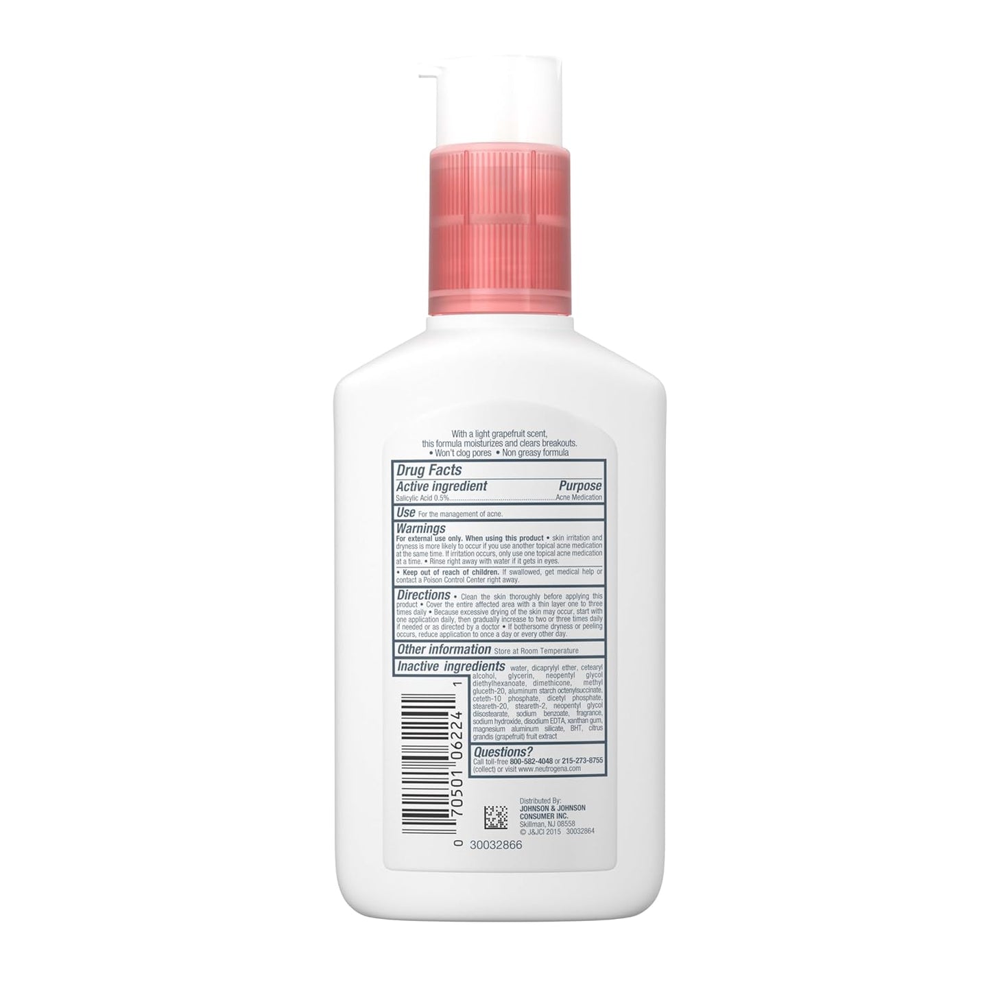 Neutrogena Oil-Free Acne Moisturizer 0.5% Salicylic Acid – Teen-Friendly Pink Grapefruit Lotion for Dorm and Shared Bathroom Use