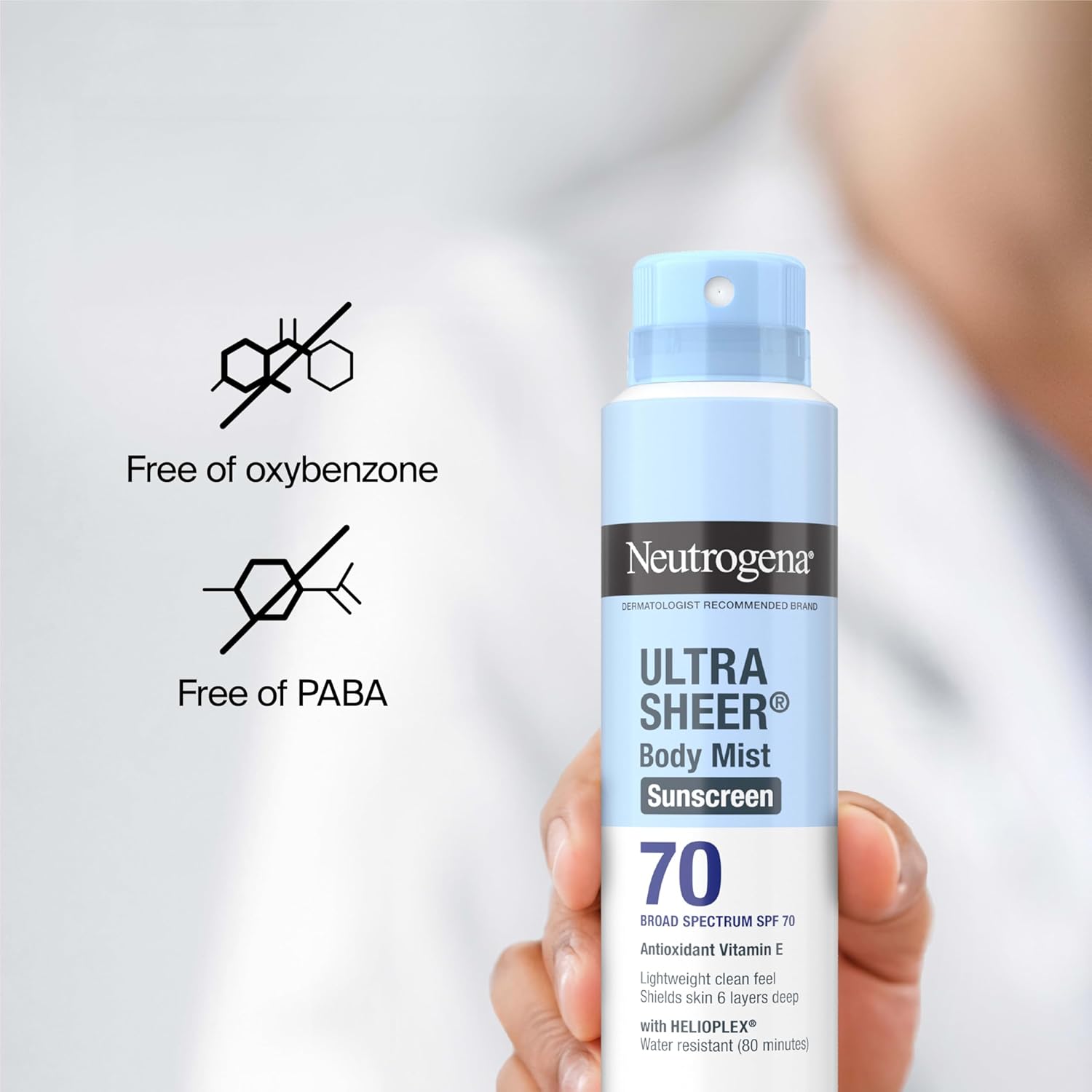 Neutrogena Ultra Sheer Body Mist Sunscreen Spray SPF 70 – Lightweight SPF for Acne-Prone and Oily Skin, Non-Comedogenic Daily Defense, 5 oz Pack of 3