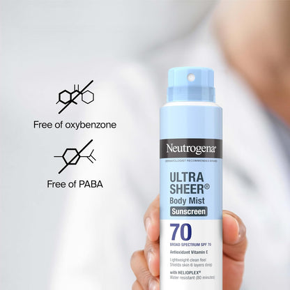 Neutrogena Ultra Sheer Body Mist Sunscreen Spray SPF 70 – Lightweight SPF for Acne-Prone and Oily Skin, Non-Comedogenic Daily Defense, 5 oz Pack of 3