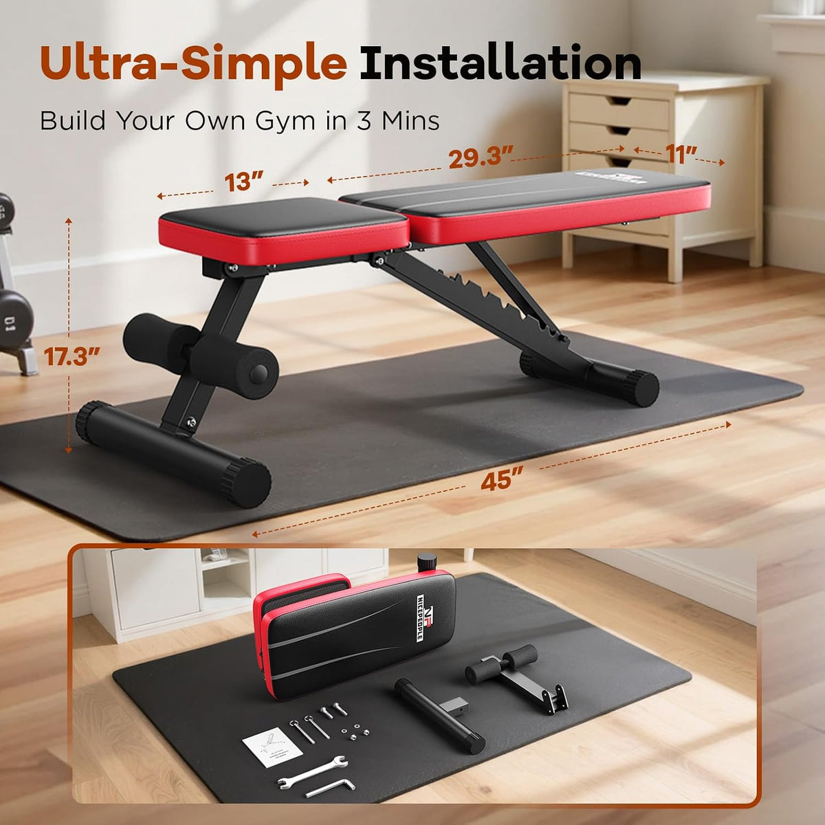 NICEPEOPLE Quick-Session Adjustable Weight Bench for Busy Professionals, 3-Minute Assembly Folding Strength Bench for Home Office Corners