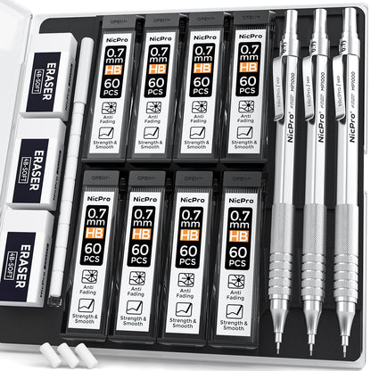 Nicpro 0.7 Metal Mechanical Pencil Set with Case, 3PCS MP1000 0.7mm Artist Lead Pencil With 8 Tube HB Refills, 3 Erasers, 9 Eraser Refill For Architect Art Drafting Drawing Engineering, Sketching