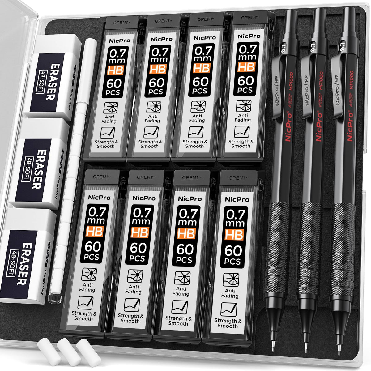 Nicpro 0.7 mm Mechanical Pencil Set with Case, 3 Metal Artist Pencil With 8 Tube HB Lead Refills, 3 Erasers, 9 Eraser Refills For Architect Art Writing Drafting Drawing, Engineering, Sketching, Black