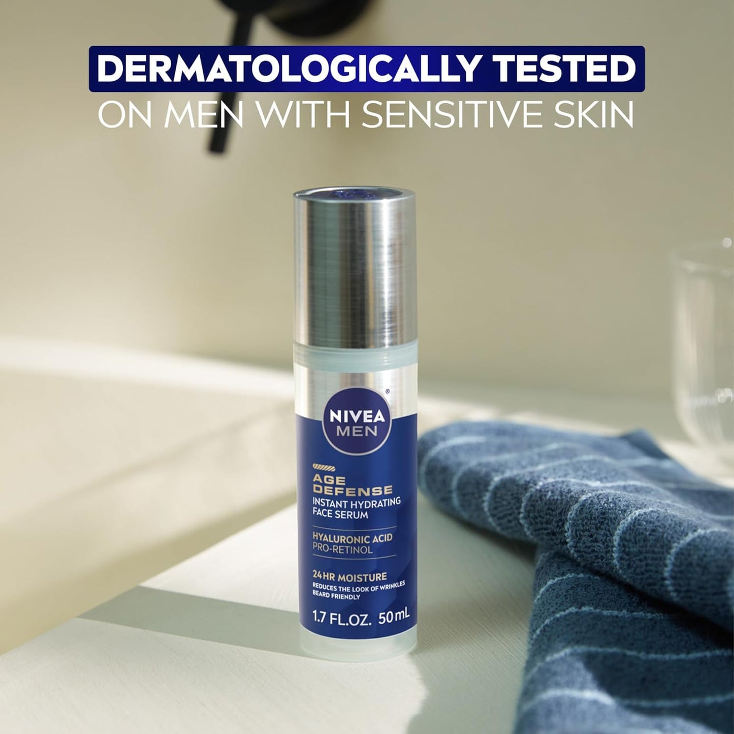 NIVEA MEN Age Defense Face Serum for Dry Skin – Mindful Evening Skincare Step With Pro-Retinol, 1.7 Fl Oz Pump Bottle