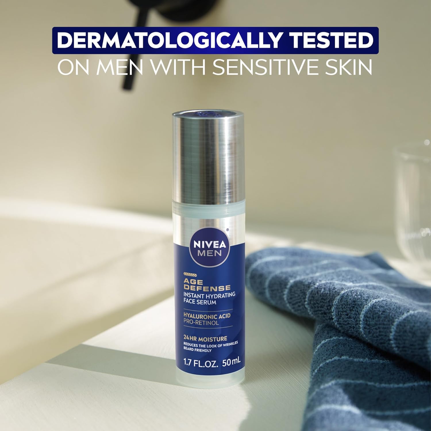 NIVEA MEN Age Defense Face Serum for Dry Skin – Mindful Evening Skincare Step With Pro-Retinol, 1.7 Fl Oz Pump Bottle