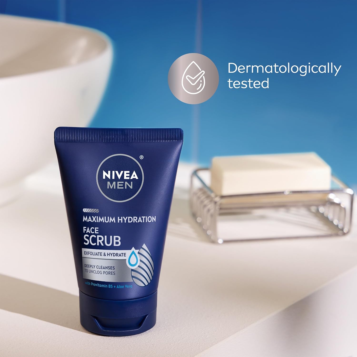 NIVEA MEN Maximum Hydration Face Scrub – Neutral-Toned Shower Staple for an Uncluttered Bathroom