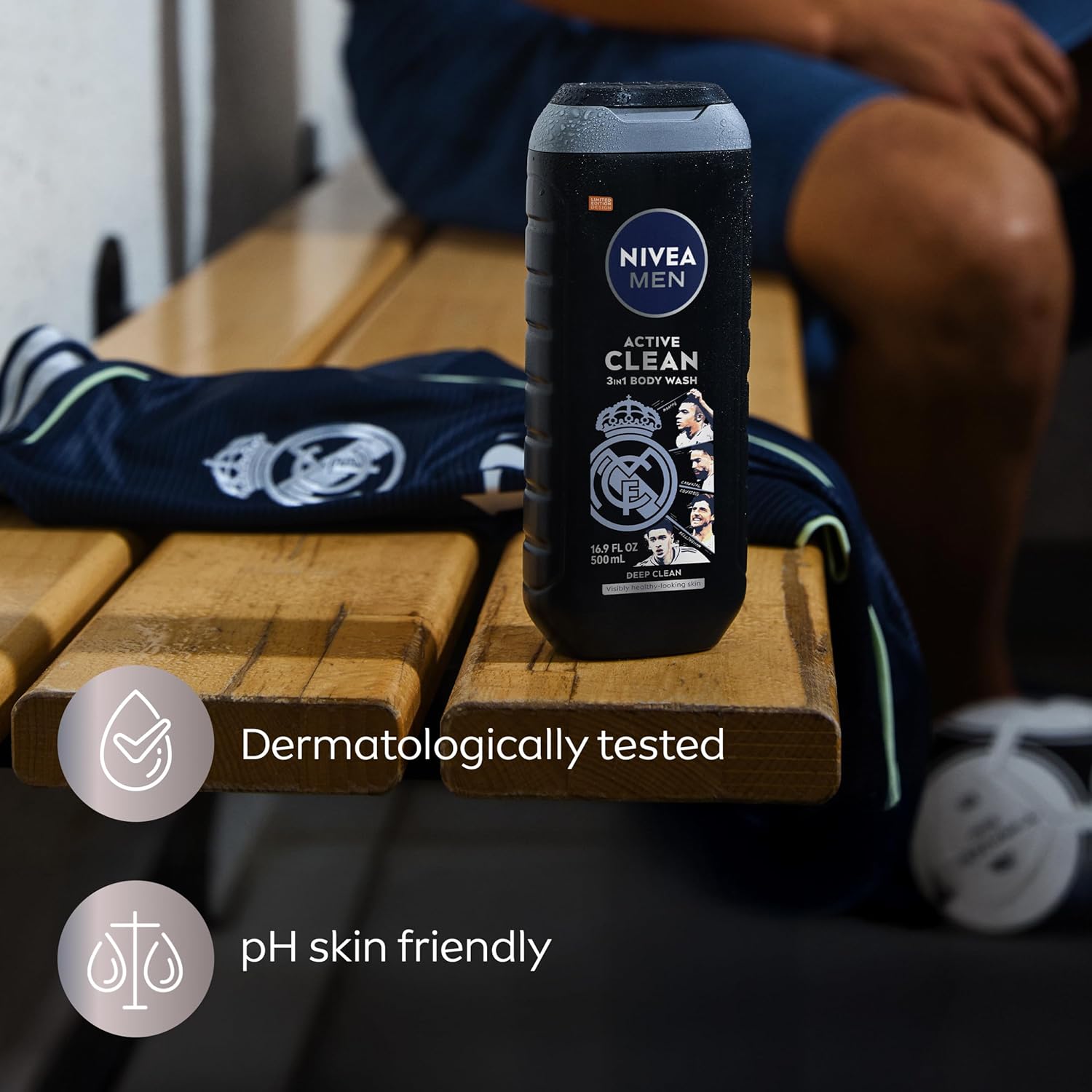 NIVEA MEN Real Madrid Charcoal 3-in-1 Shower Gel – Calming Vanilla Bourbon Self-Care Ritual After the Game