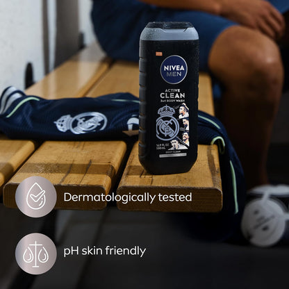 NIVEA MEN Real Madrid Charcoal 3-in-1 Shower Gel – Calming Vanilla Bourbon Self-Care Ritual After the Game
