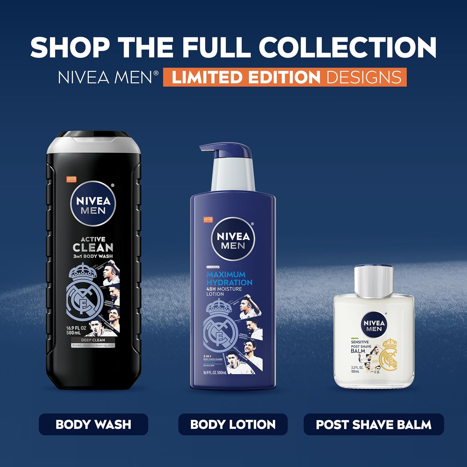NIVEA MEN Real Madrid Charcoal 3-in-1 Shower Gel – Calming Vanilla Bourbon Self-Care Ritual After the Game