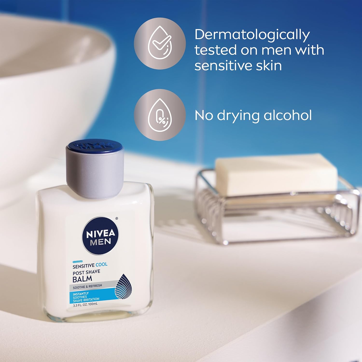NIVEA MEN Sensitive Cool After Shave Balm, Simple Sensitive Skin Shave Care for Capsule Grooming Routines, No-Fuss Cooling Balm Trio, 3.3 Fl Oz Bottles
