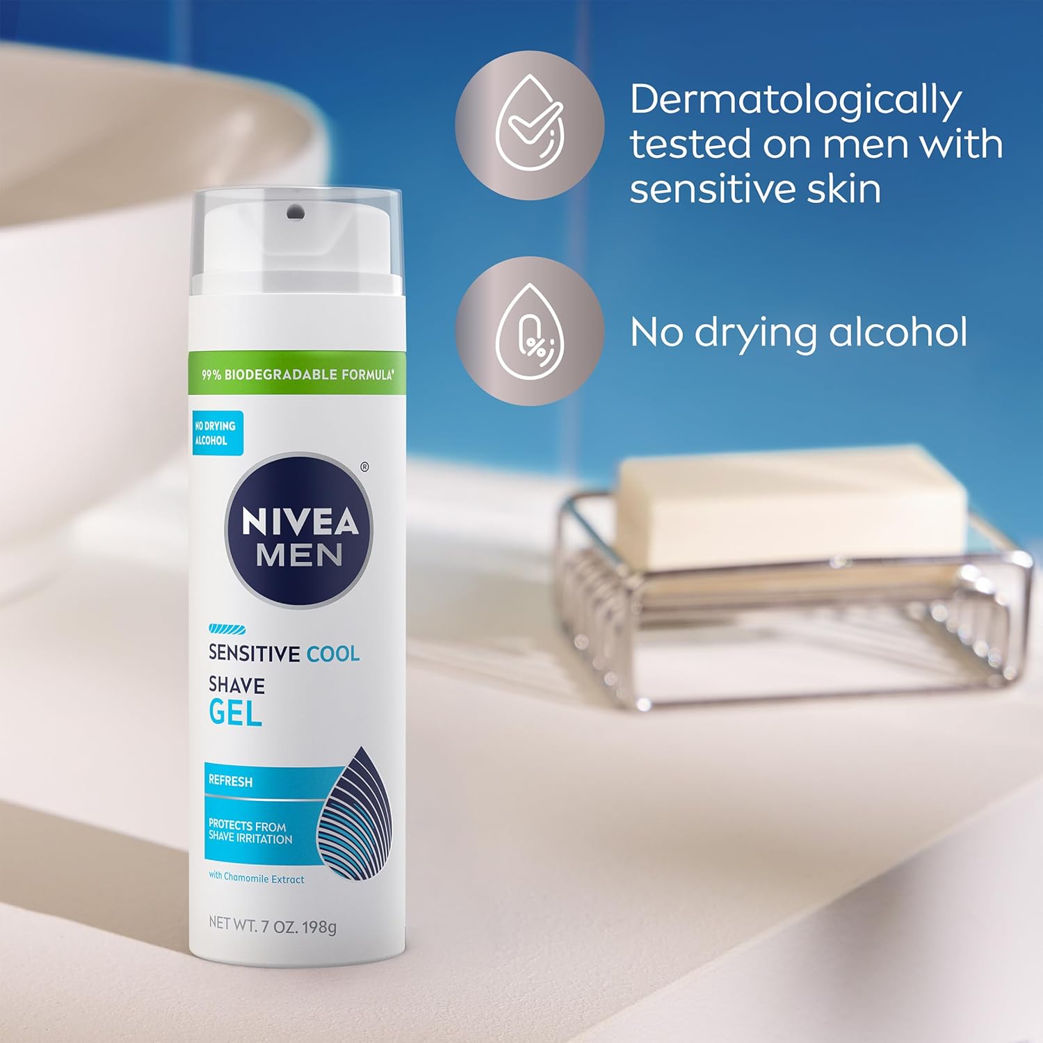 NIVEA MEN Sensitive Cool Shave Gel for Sensitive Skin, Alcohol Free Shaving Gel with Chamomile Extract, 7 Oz Can, Pack of 3 – Cooling Post-Workout Refresh for Sensitive Skin
