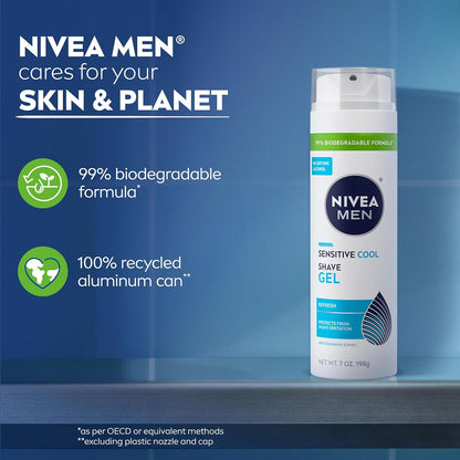 NIVEA MEN Sensitive Cool Shave Gel for Sensitive Skin, Alcohol Free Shaving Gel with Chamomile Extract, 7 Oz Can, Pack of 3 – Cooling Post-Workout Refresh for Sensitive Skin