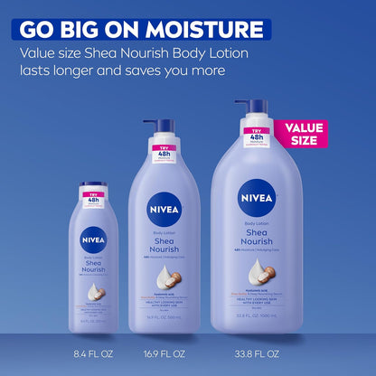 NIVEA Shea Nourish Body Lotion for Dry Skin – Clean-Looking Pump Bottle for Streamlined Vanities, 33.8 Fl Oz