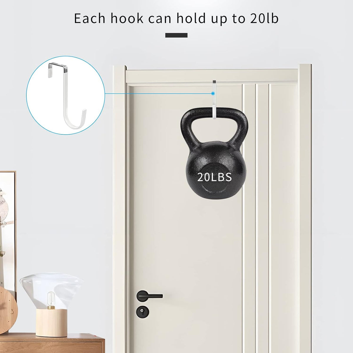 no-drilling over-the-door mounting that fits door thicknesses from 0.7 to 1.4 inches