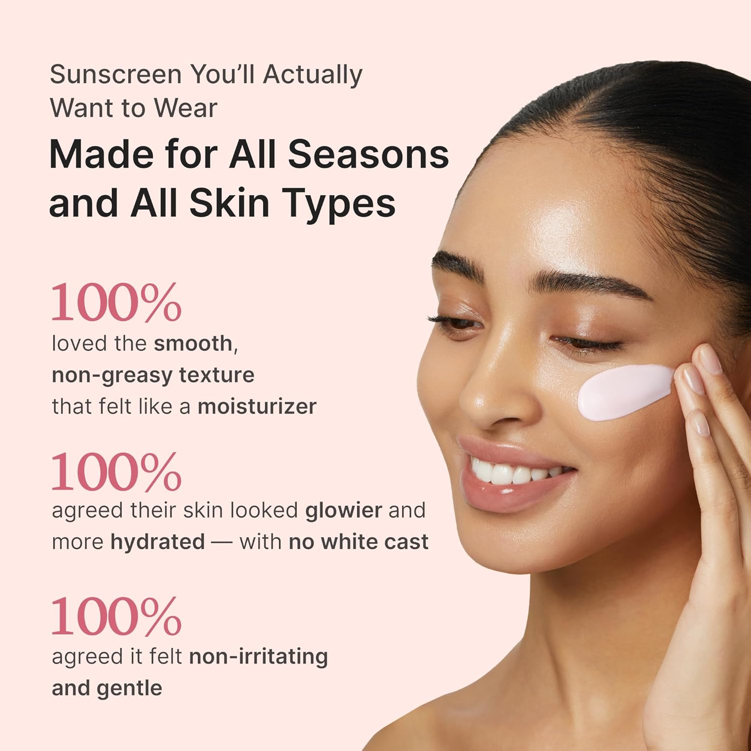 no-white-cast, lightweight cream formula compatible with all skin tones and types