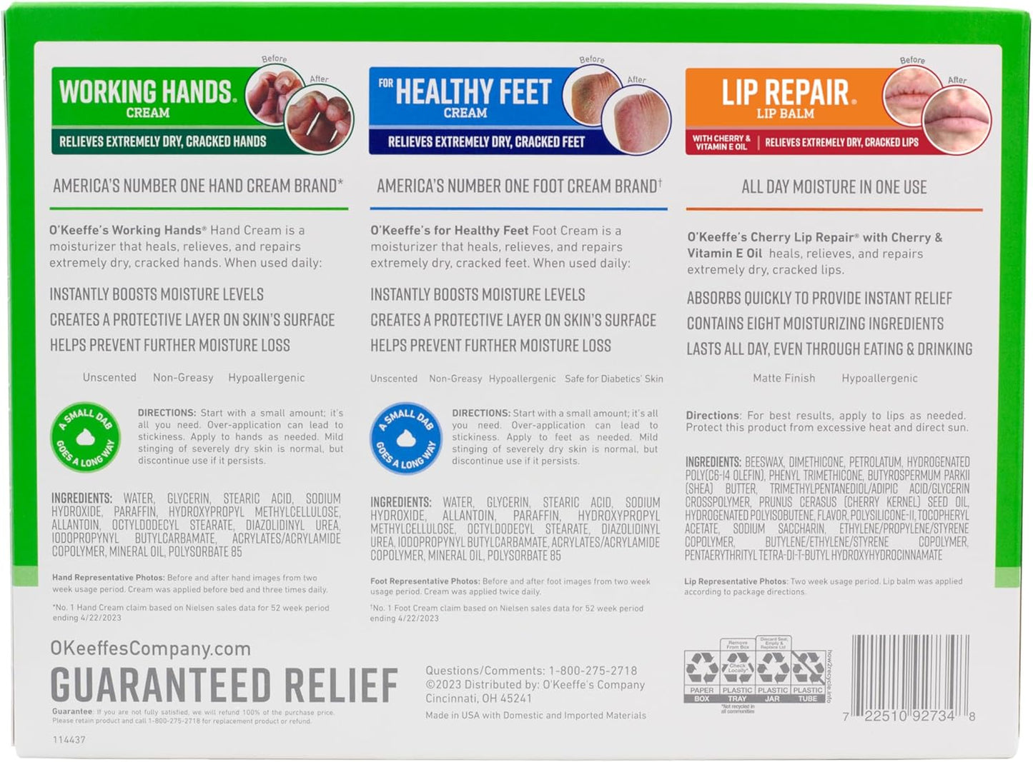 O'Keeffe's Holiday Stocking Stuffer Trio – Christmas Gift for Caregivers, Hand and Foot Repair Cream Plus Vitamin E Lip Balm