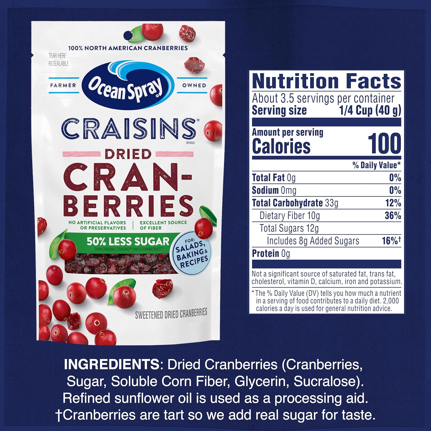 Ocean Spray Craisins 50% Less Sugar Dried Cranberries – Portion-Controlled Desk Snack for Workdays, 5 oz Pouches, 12 Count