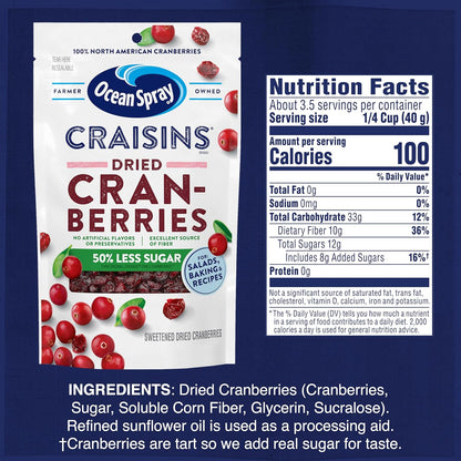 Ocean Spray Craisins 50% Less Sugar Dried Cranberries – Portion-Controlled Desk Snack for Workdays, 5 oz Pouches, 12 Count