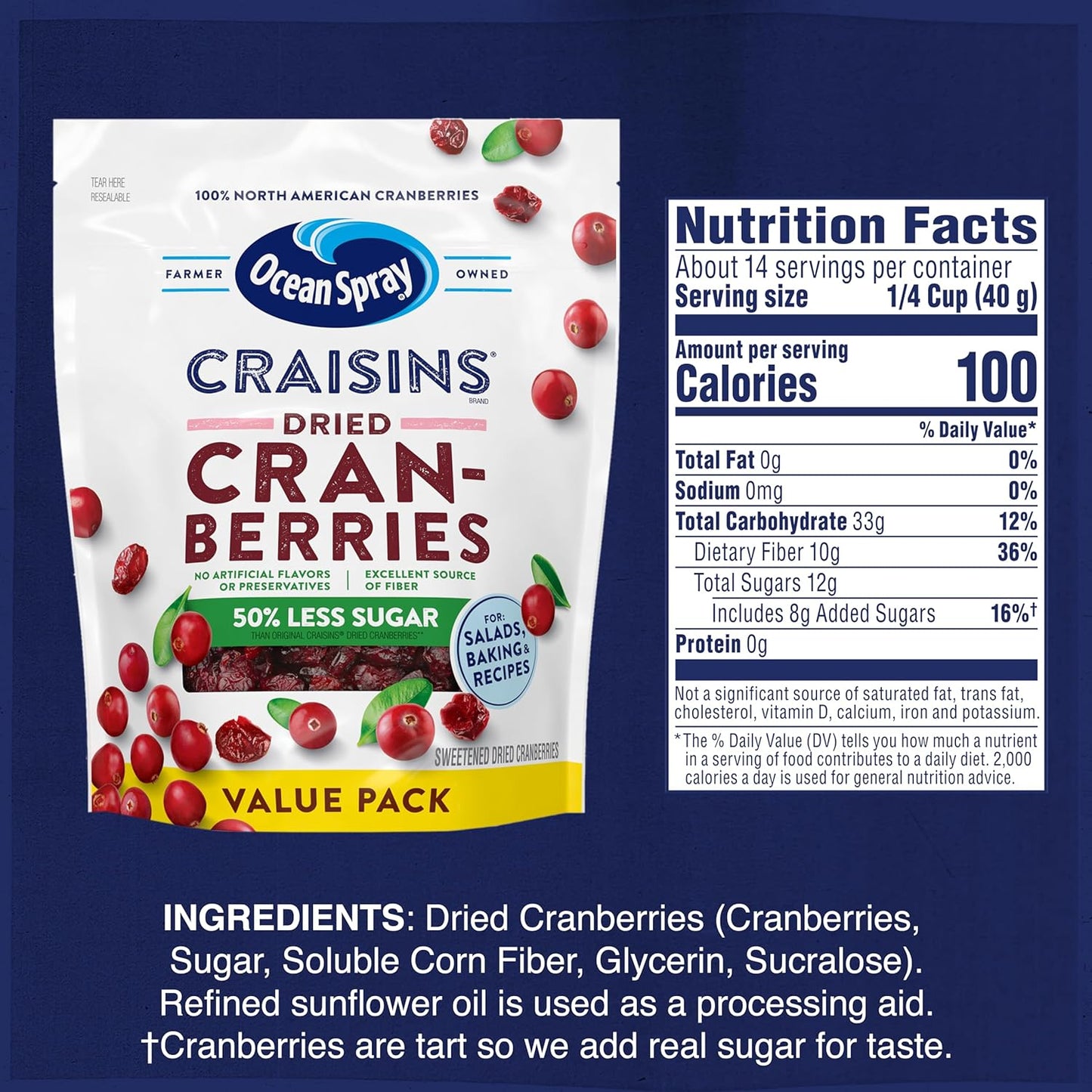 Ocean Spray Craisins 50% Less Sugar Dried Cranberries — Thoughtful Hostess Gift for Holiday Charcuterie Boards and Housewarming Baskets