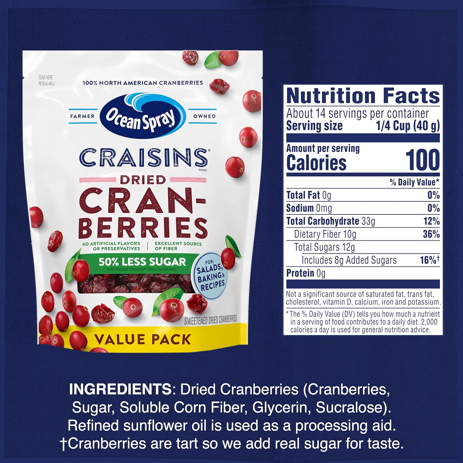 Ocean Spray Craisins 50% Less Sugar Dried Cranberries — Thoughtful Hostess Gift for Holiday Charcuterie Boards and Housewarming Baskets